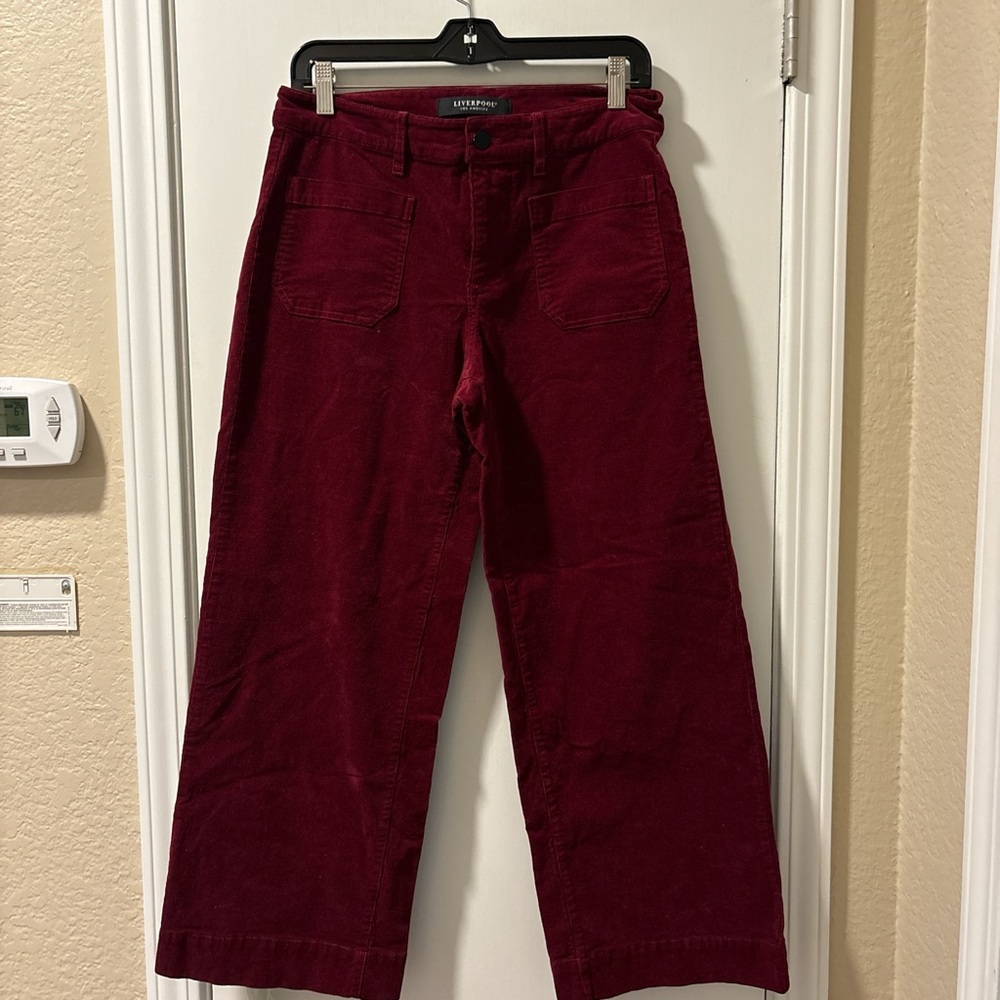 Liverpool deep
Burgundy Red Wide Leg cropped Corduroy Pants